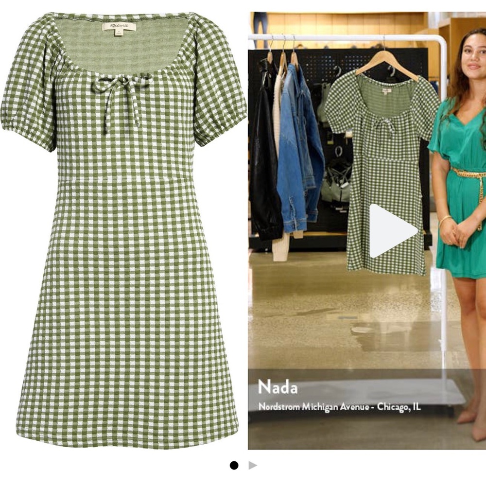 NWT Madewell Gingham Check Jacquard Puff Sleeve Mini Dress Green White Small